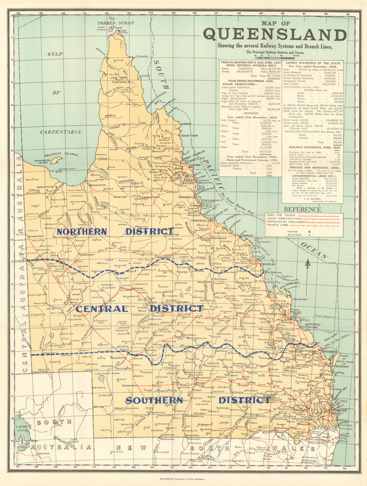 Map of Queensland showing the several Railway Systems… by David Whyte 1938