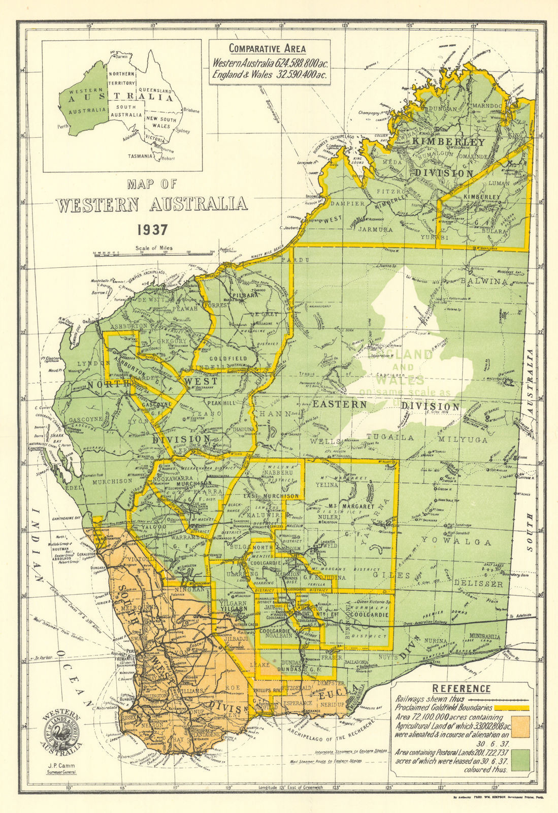 Map of Western Australia showing Goldfield Boundaries by J.P. Camm 1938