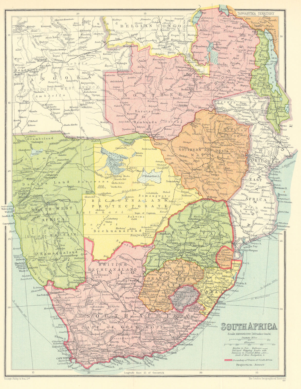 Southern Africa. Rhodesia Bechuanaland South West Africa Namibia Zambia 1938 map