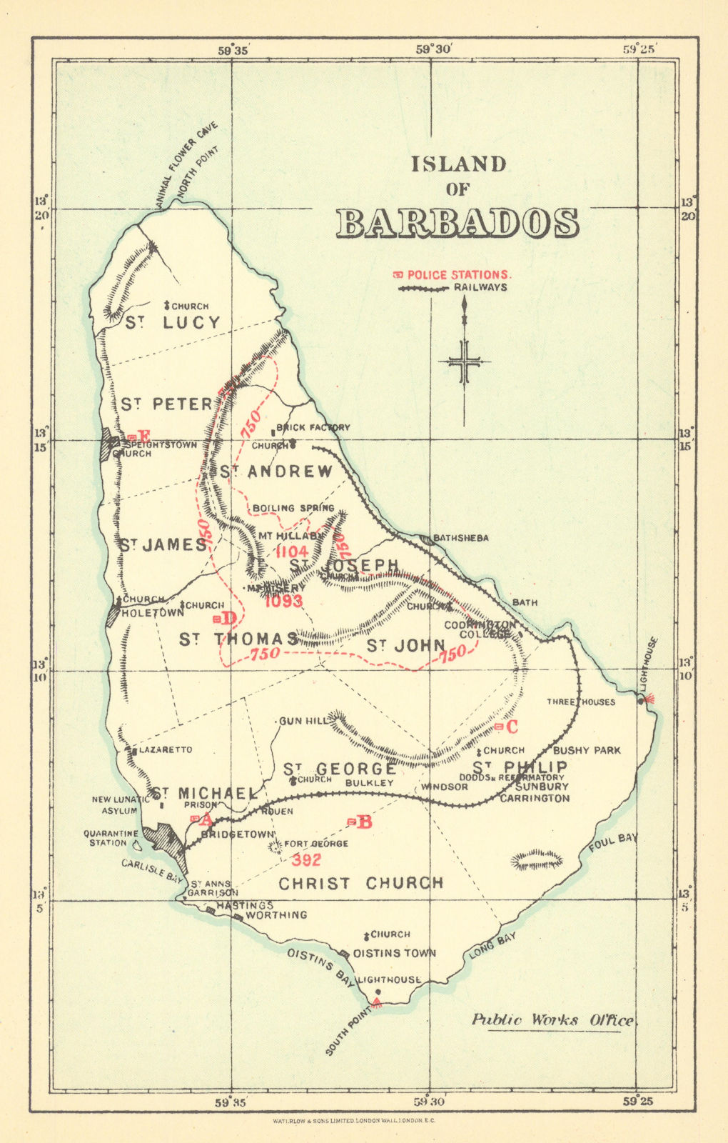 Island of Barbados showing police stations by Waterlow & Sons 1938 old map