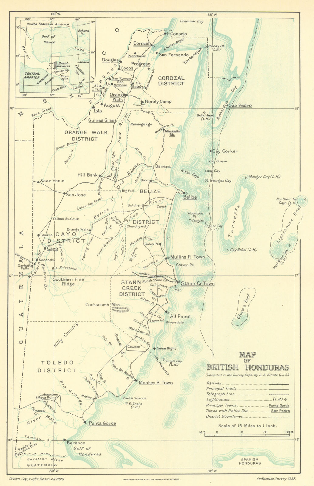 Map of British Honduras showing trails & railway by G.A. Elliott. Belize 1938