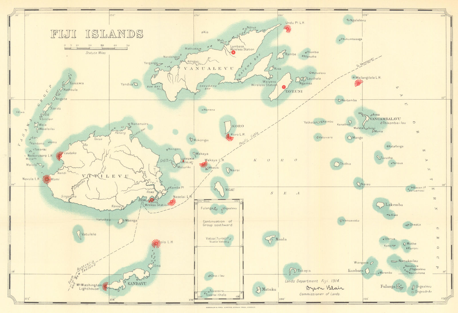 Fiji Islands showing wireless stations & lighthouses by Dyson Blair 1938 map