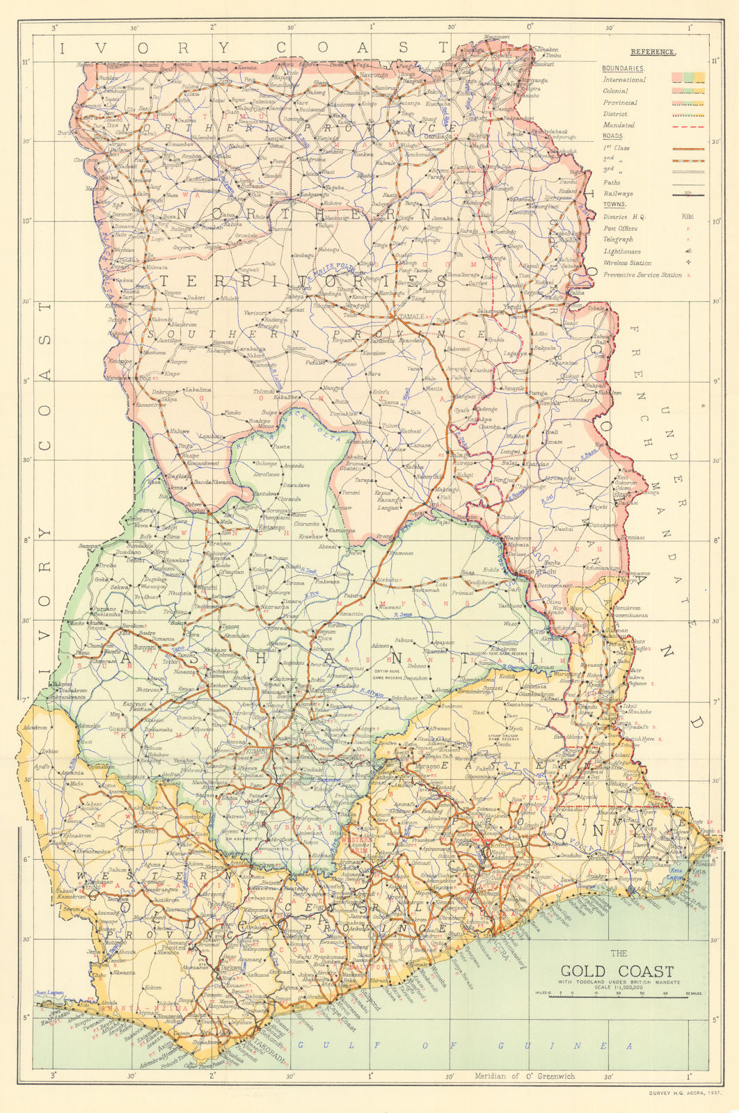 The Gold Coast with Togoland under British Mandate. Ghana & Togo 1938 map