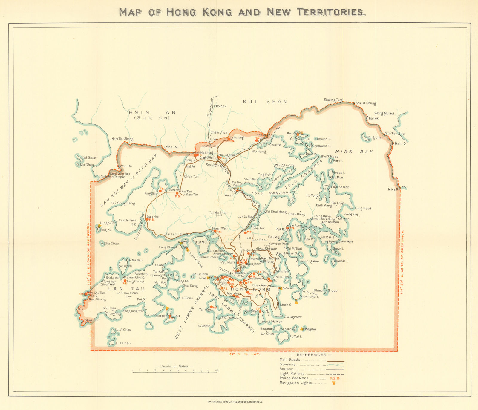 Hong Kong & New Territories. Police stations & Lighthouses. Waterlow 1938 map