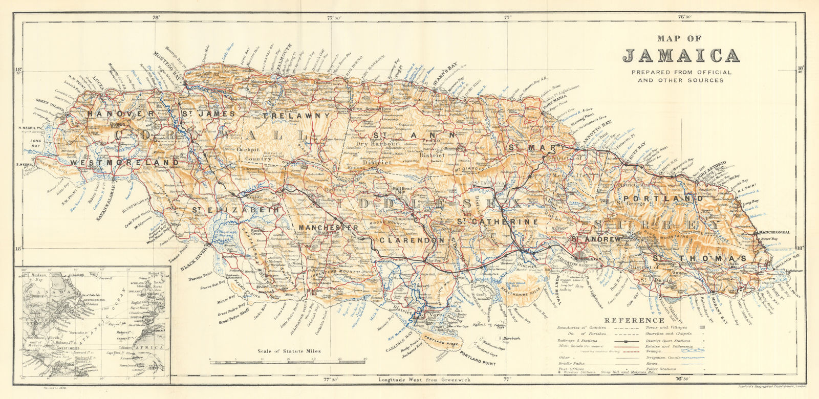 Map of Jamaica showing counties, parishes & railways by Edward Stanford 1938