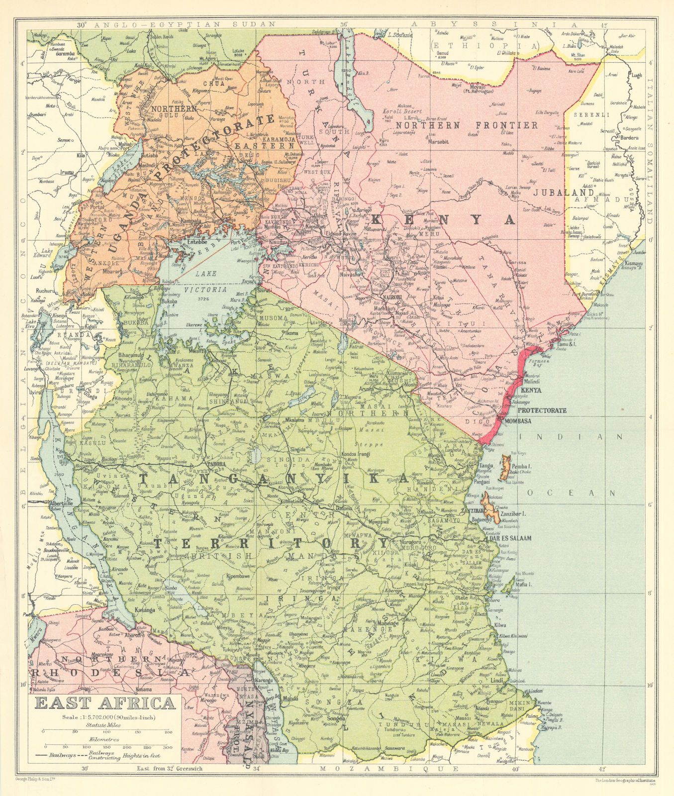 East Africa. Kenya Tanganyika Territory Uganda Protectorate. Tanzania 1938 map