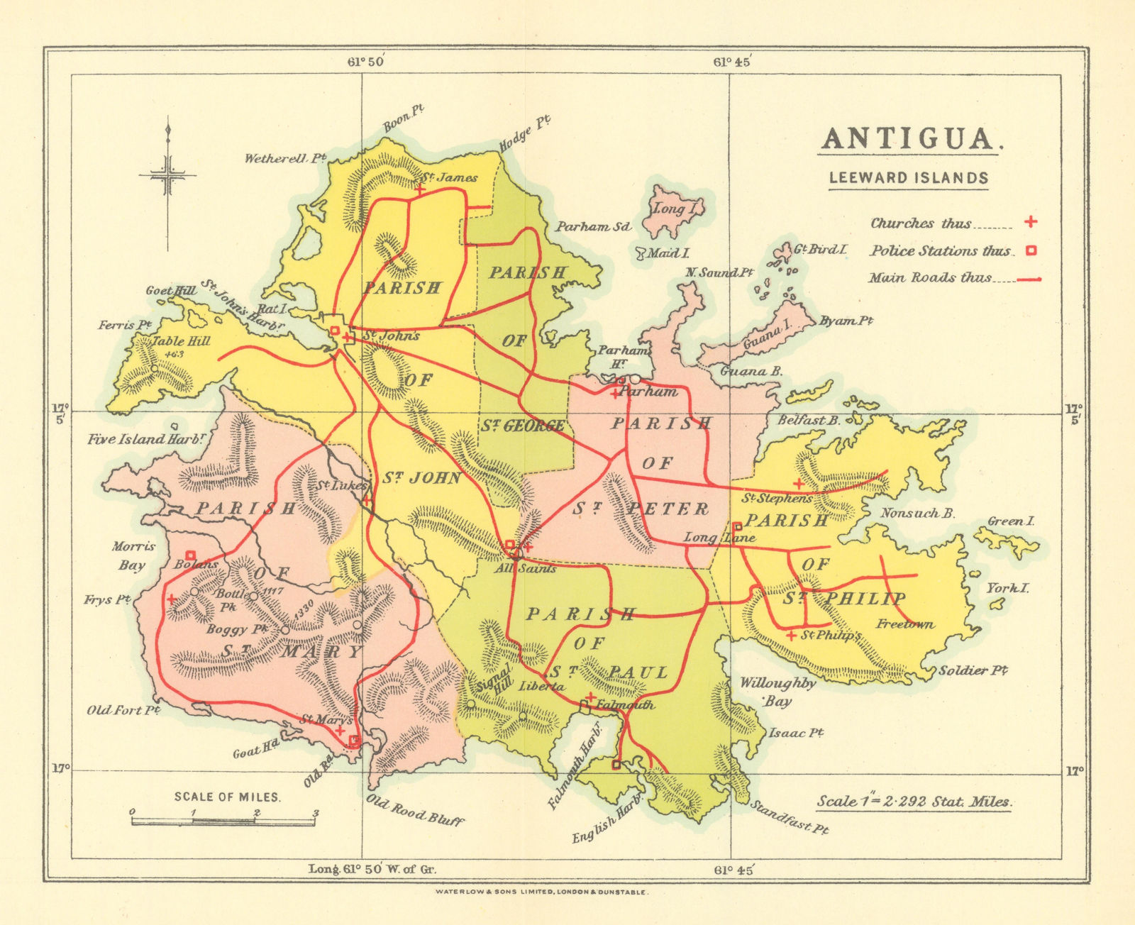 Antigua, Leeward Islands by Waterlow & Sons. Police stations & churches 1938 map