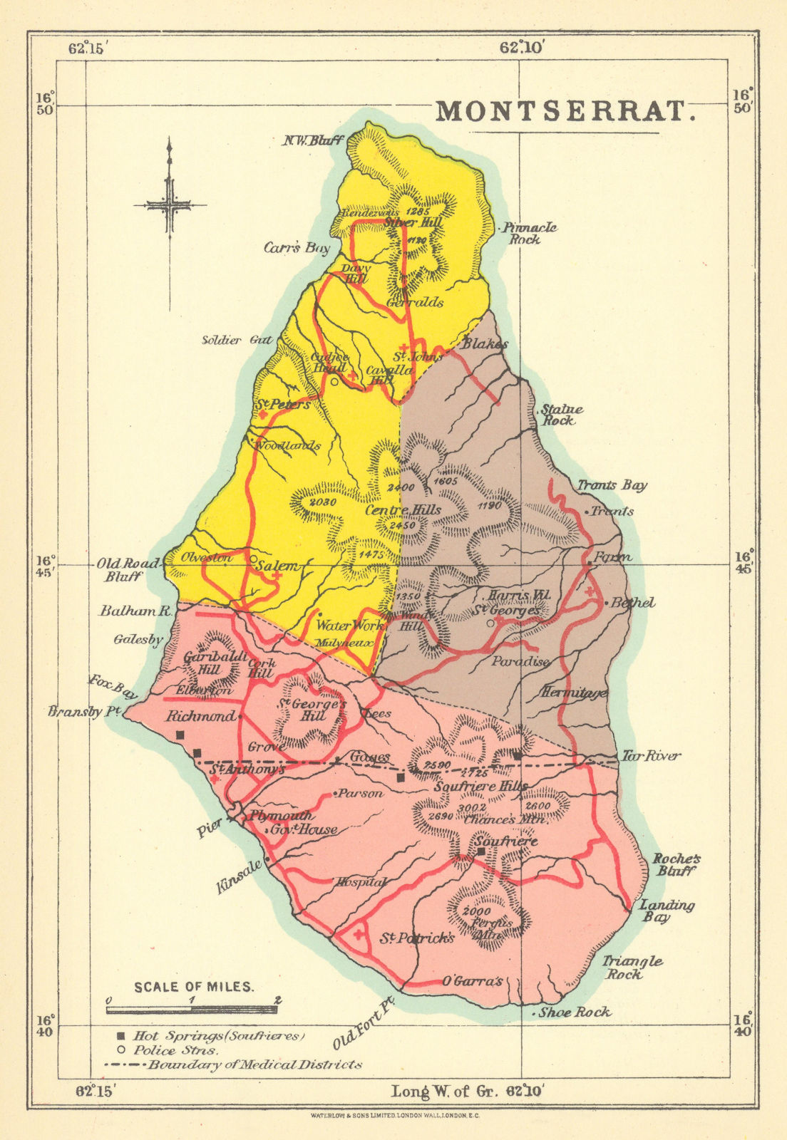 Montserrat showing hot springs, police stations & medical districts 1938 map