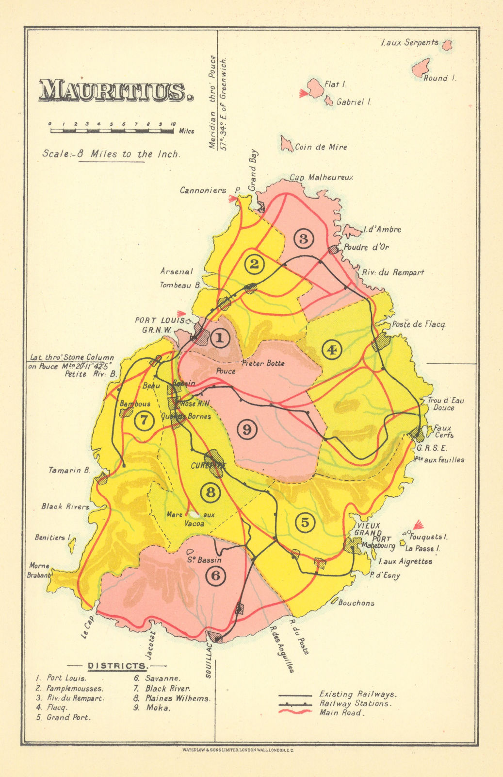 Mauritius showing lighthouses, railways & districts by Waterlow & Sons 1938 map