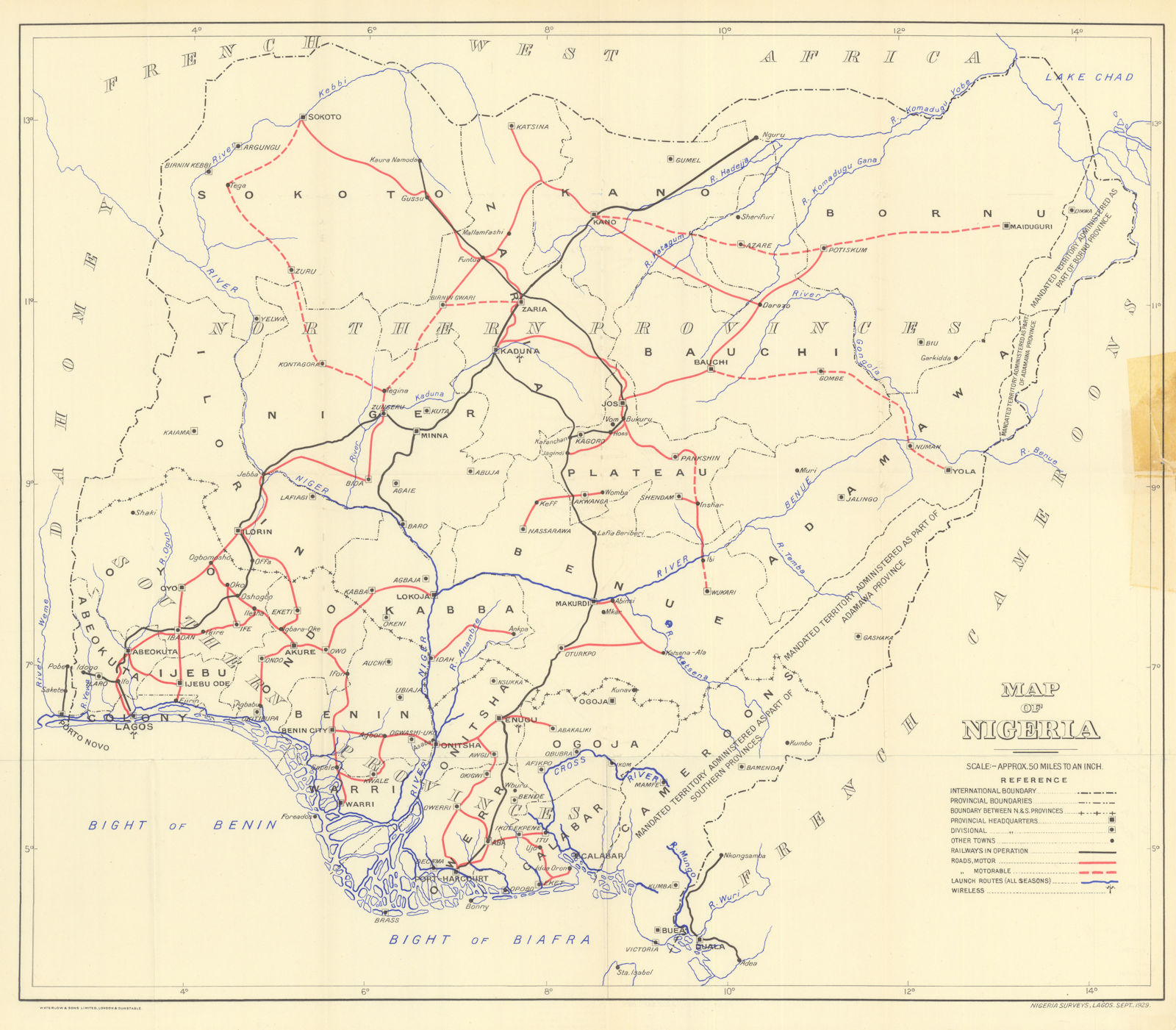 Antique map of Nigeria by Nigeria Surveys, Lagos 1938 old chart