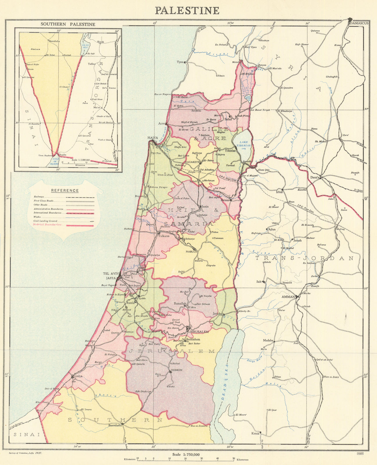 Map of Palestine by Survey of Palestine. Roads & districts 1938 old