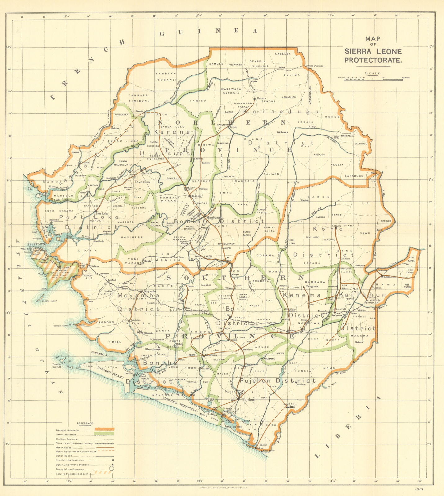 Sierra Leone Protectorate by Waterlow & Sons. Chiefdom boundaries 1938 old map