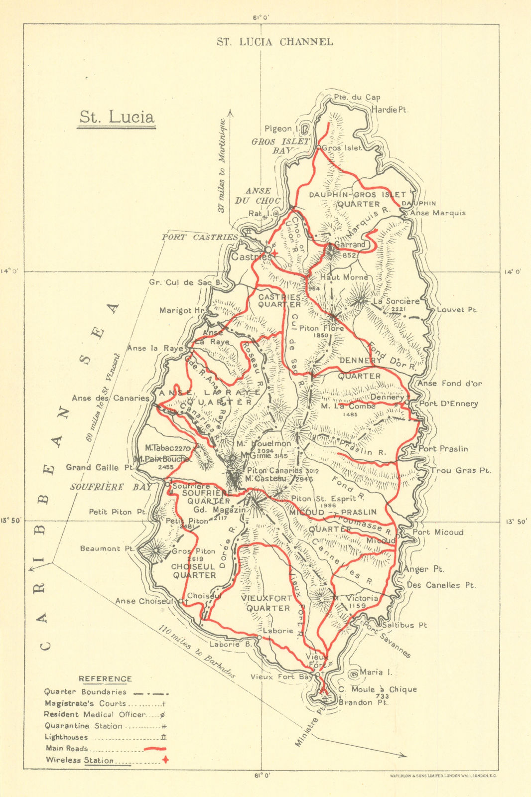 St. Lucia showing quarantine & wireless stations, courts & lighthouses 1938 map