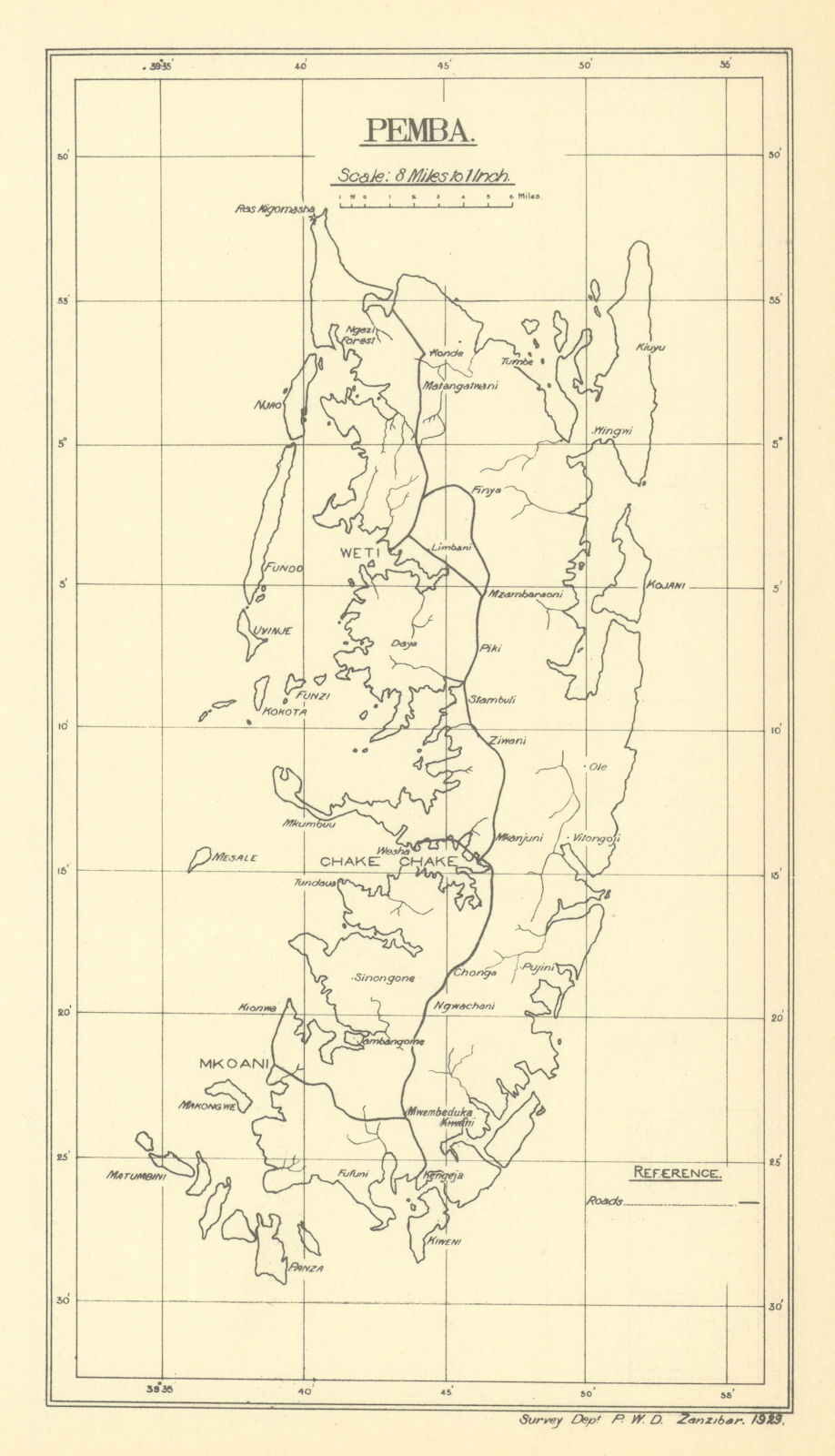 Map of Pemba island, Tanzania, by the Survey Department, Zanzibar 1938 old