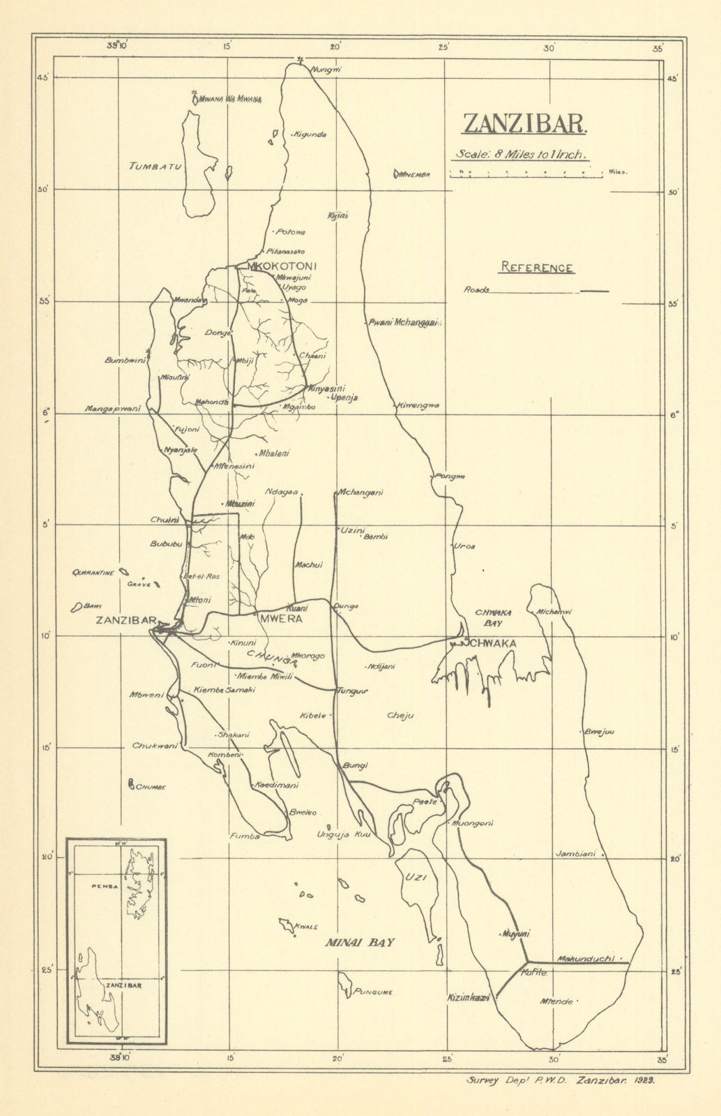 Map of Zanzibar island, Tanzania, by the Survey Department 1938 old