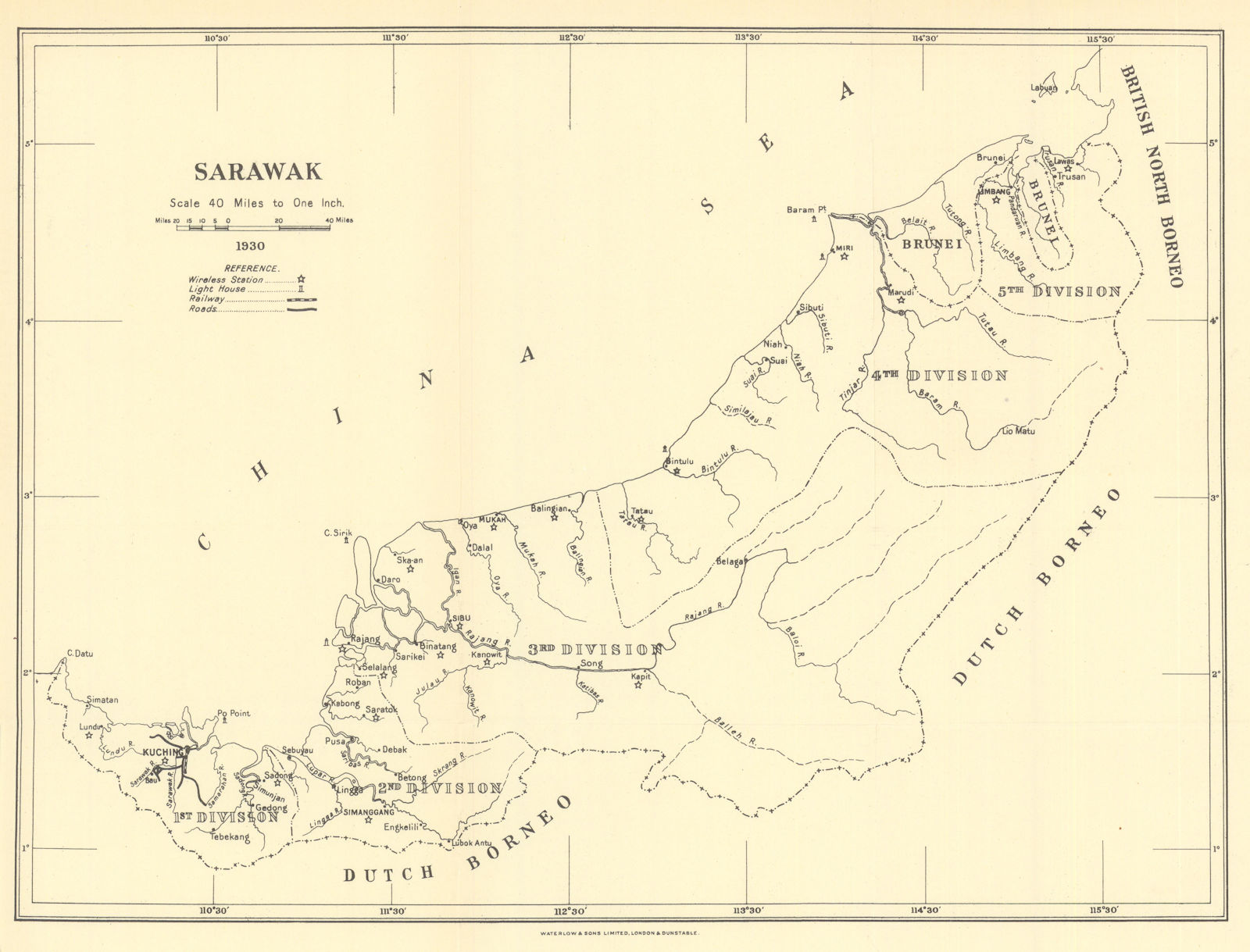 Sarawak showing wireless stations & lighthouses by Waterlow & Sons 1938 map