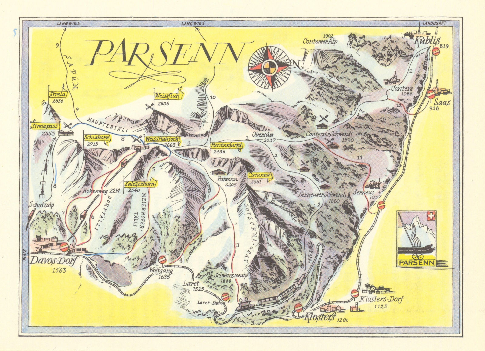 Parsenn Davos Klosters small ski resort piste/trail map by Otto Müller 1949