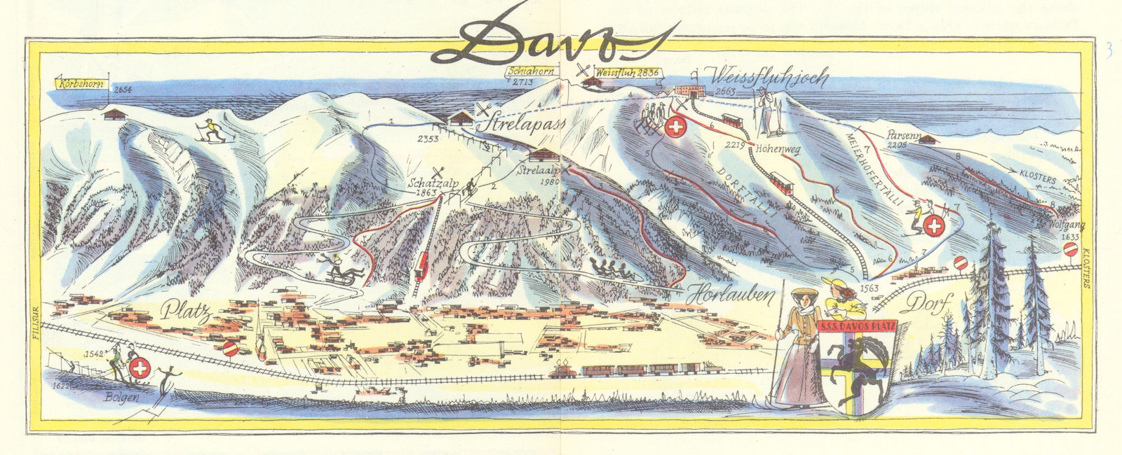 Davos ski resort piste/trail map by Otto Müller. Switzerland 1949 old