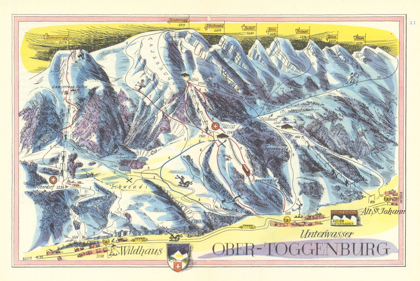 Ober-Toggenburg ski resort piste/trail map. Unterwasser ​Alt St. Johann 1949