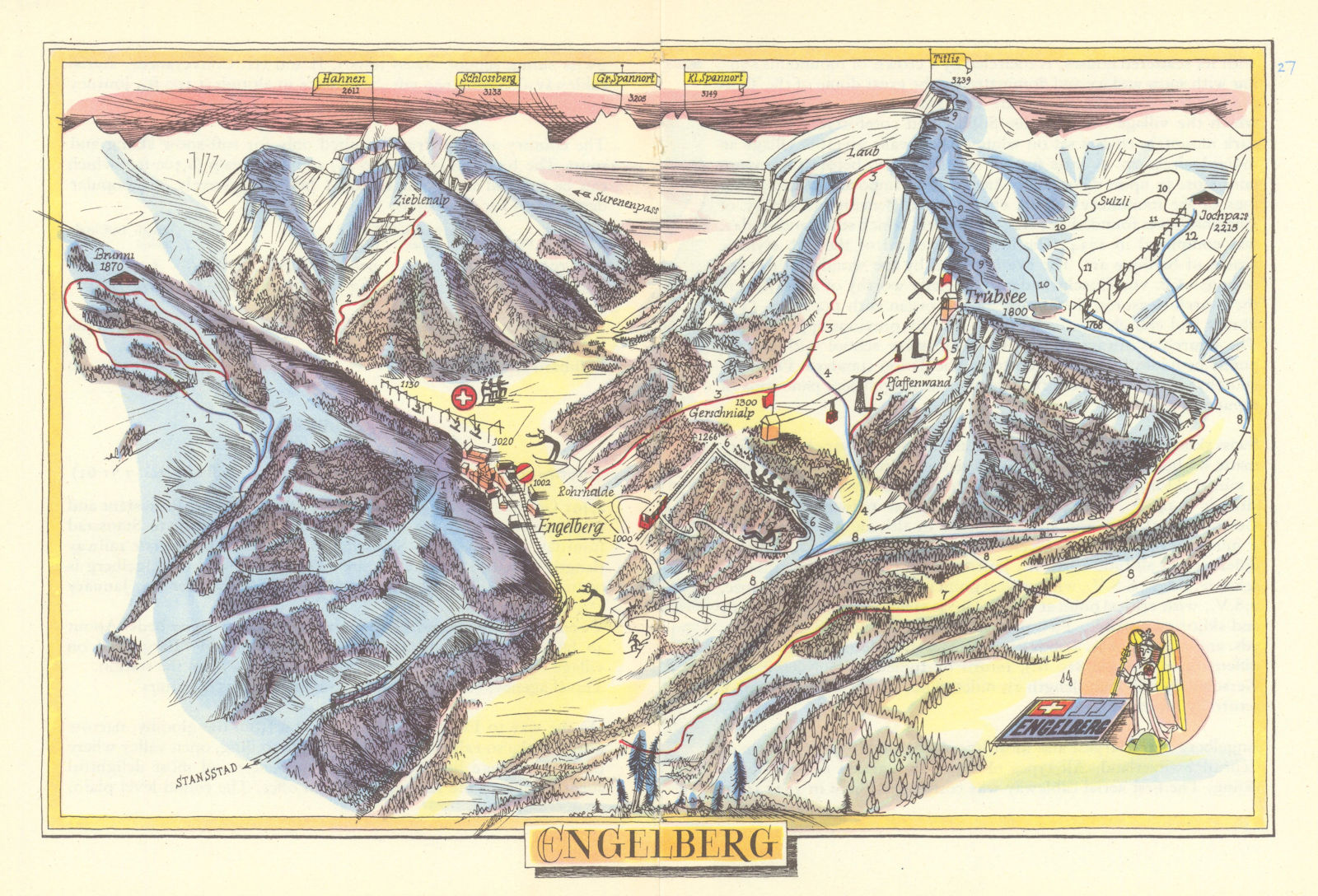 Engelberg ski resort piste/trail map by Otto Müller. Switzerland 1949 old
