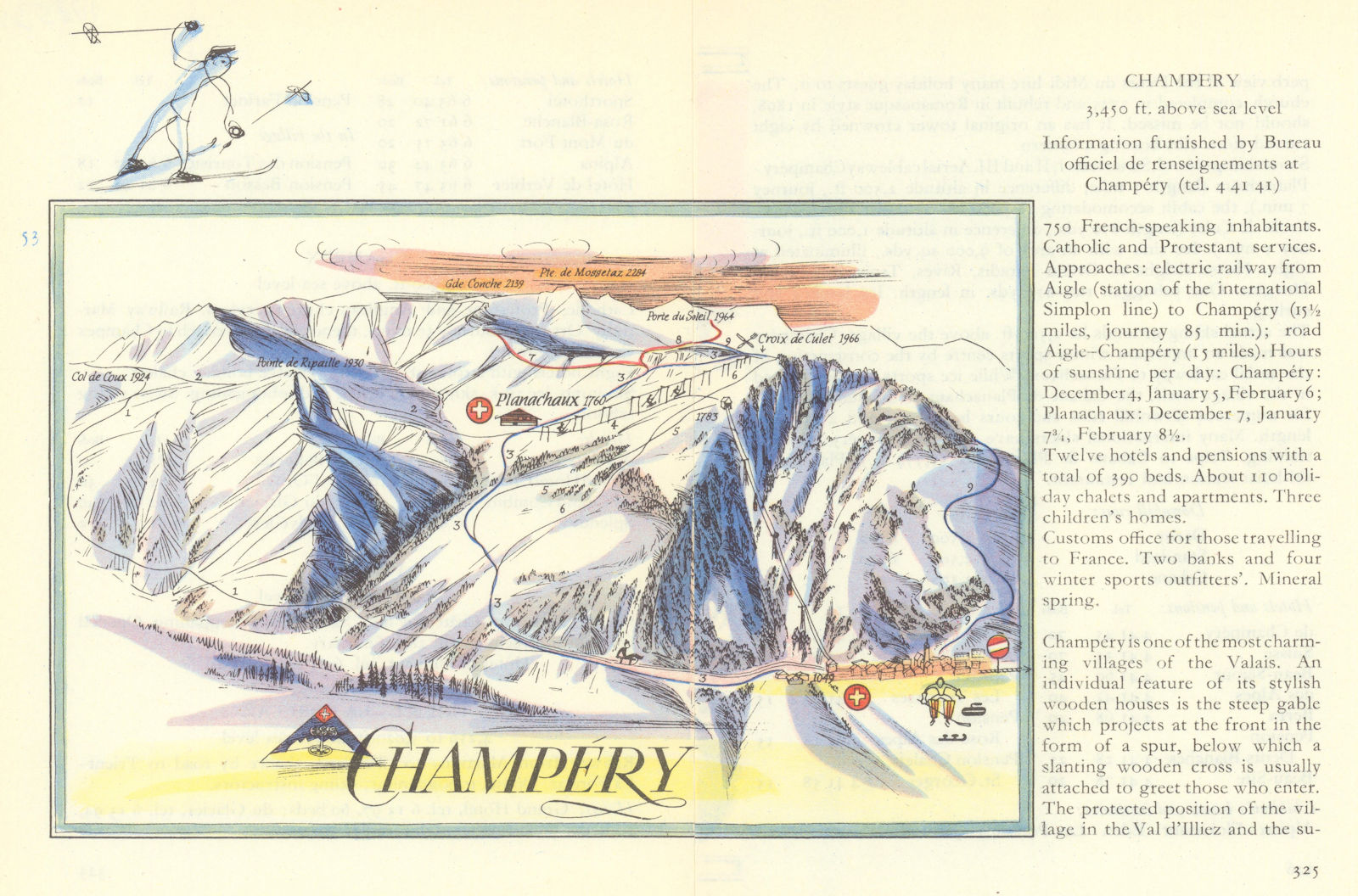 Champéry ski resort piste/trail map by Otto Müller. Portes du Soleil 1949