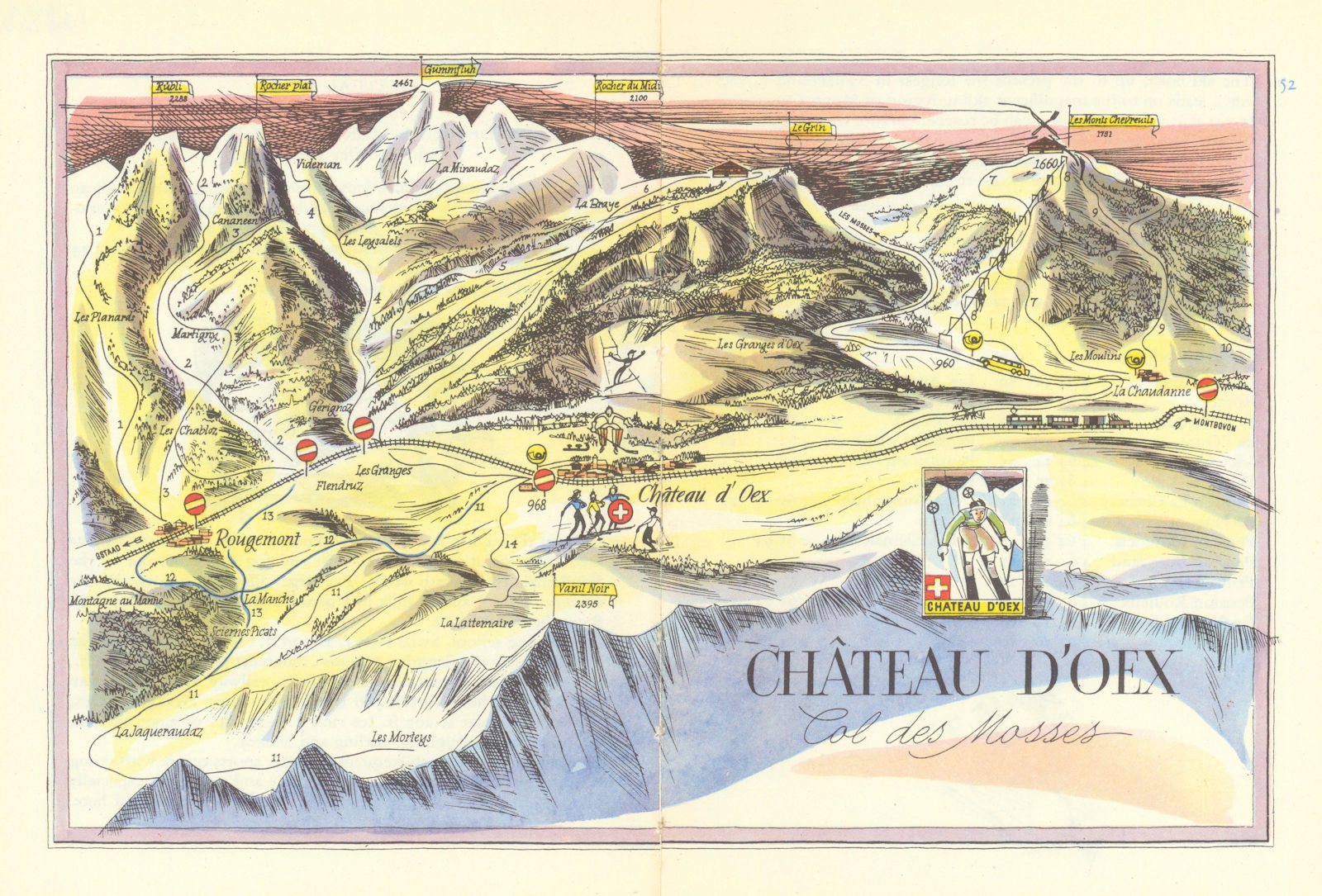 Chateau d'Oex-Rougement ski resort piste/trail map by Otto Müller 1949 old