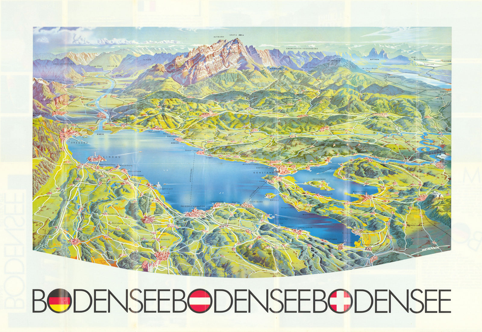 Bodensee Reliefkarte. Lake Constance panoramic map by Heinrich Berann 1988