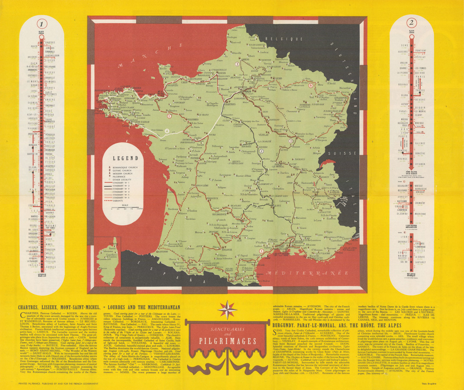 Sanctuaries & Pilgrimages of France. Tourist map by the French Government c1952