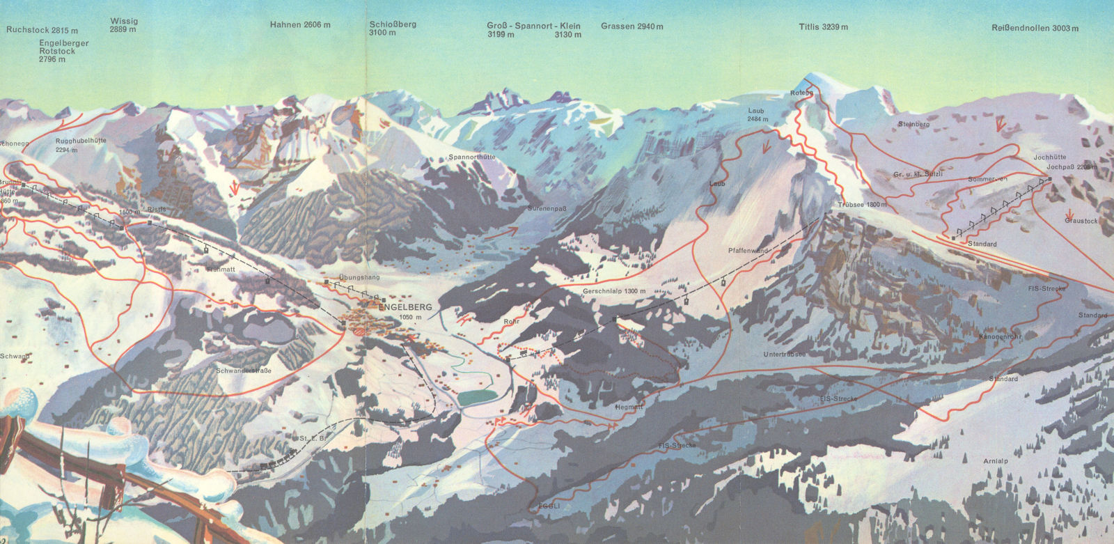 Engelberg ski resort panorama and piste / trail map. Obwalden. Switzerland c1960