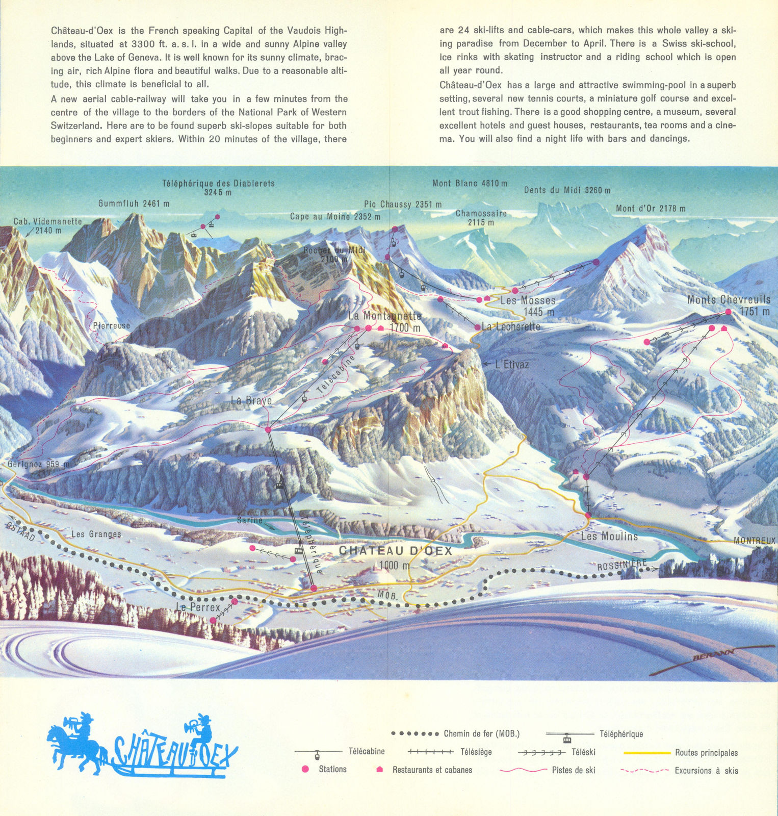 Chateau d'Oex ski resort panorama and piste/trail map. Vaud. Switzerland c1962