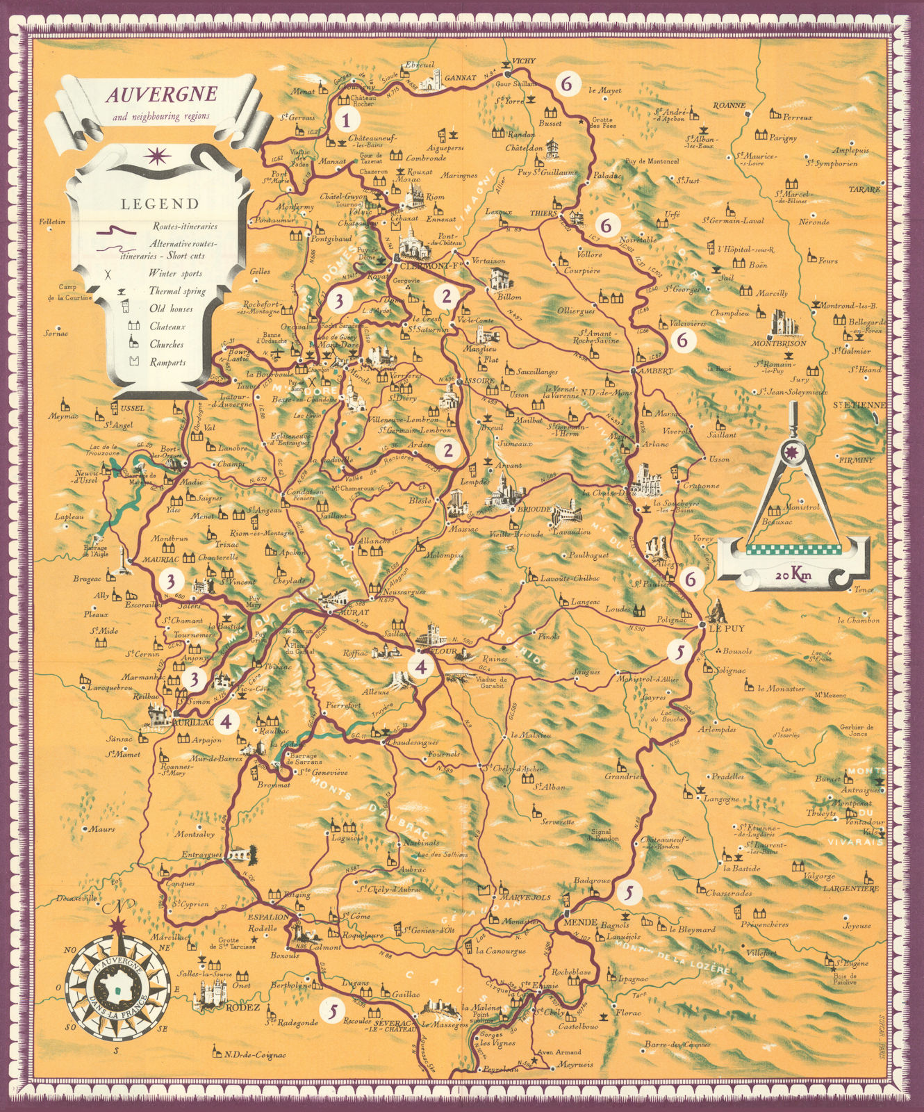 Auvergne and neighbouring regions pictorial tourist map. Sofcar, Paris c1952