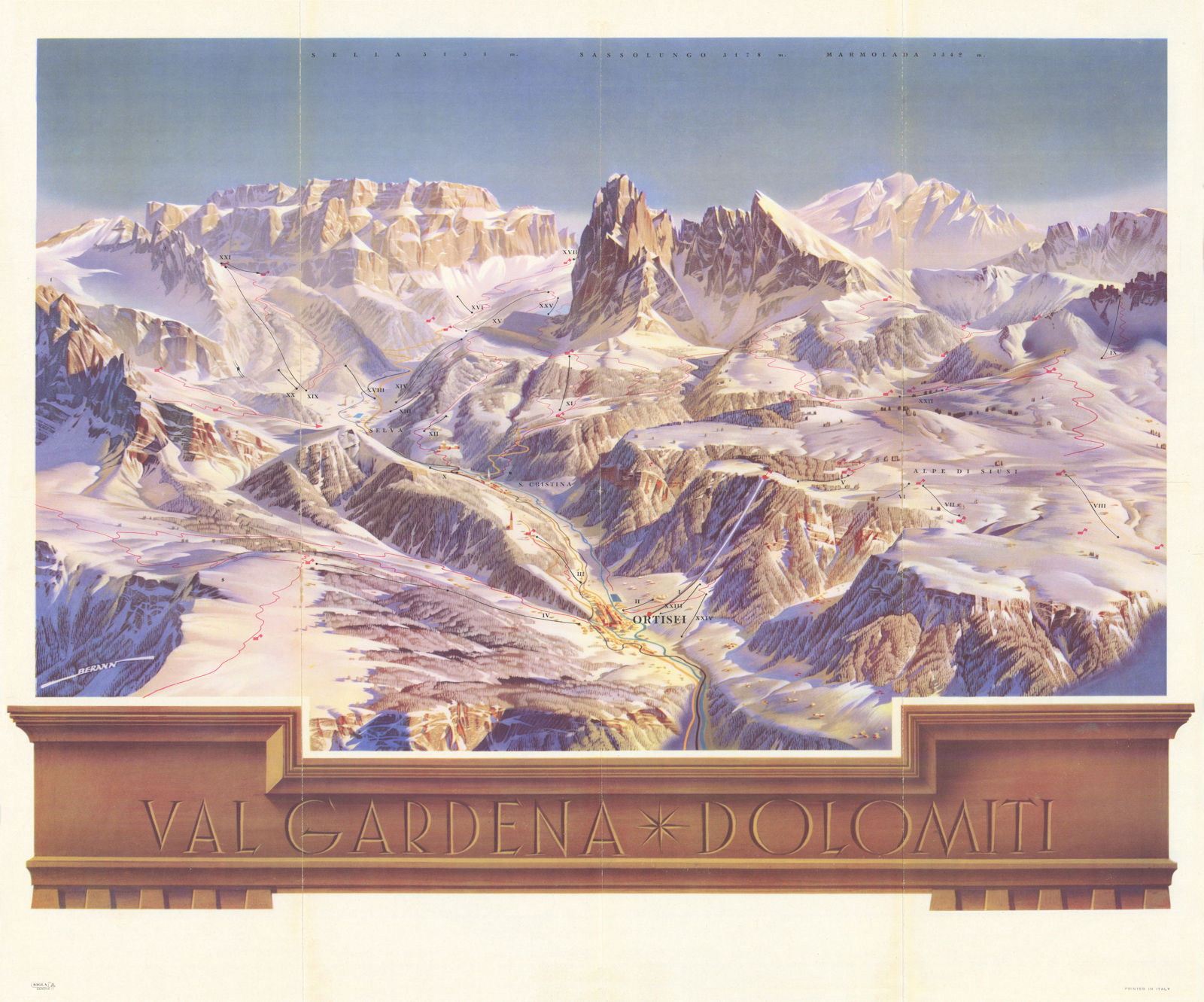 Ortisei/Urtijëi Val Gardena Dolomiti. Heinrich Berann panorama & piste map c1956