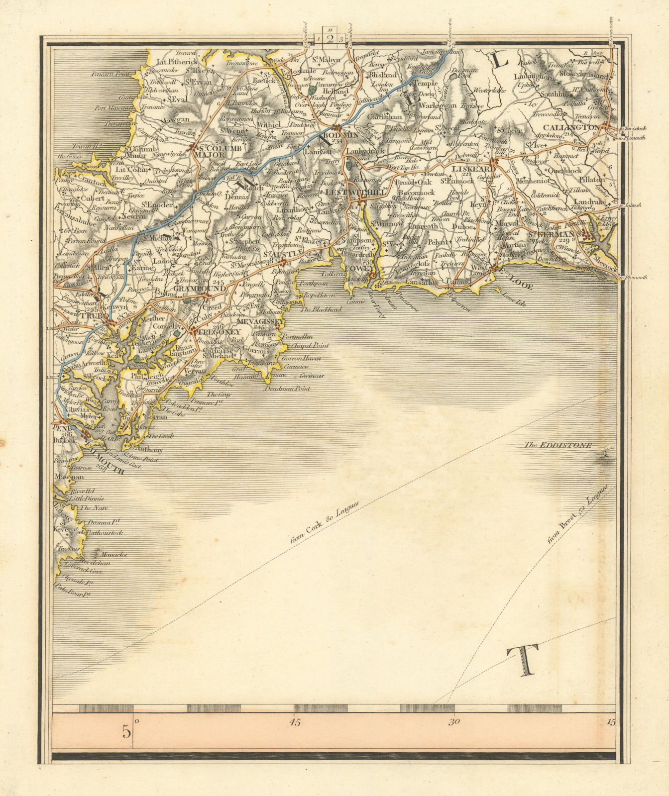 STH CORNWALL.Falmouth Truro Fowey Bodmin Liskeard Looe St Austell.CARY 1824 map