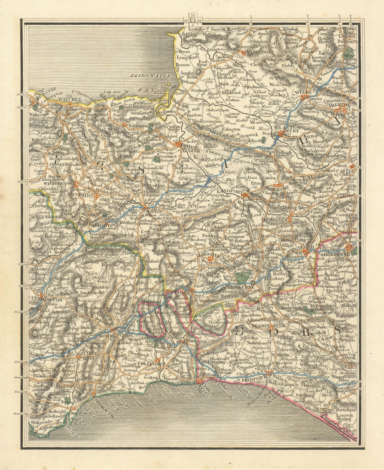 SW ENGLAND.Devon Somt Dorset.Wells Glastonbury Taunton Lyme Regis.CARY 1824 map