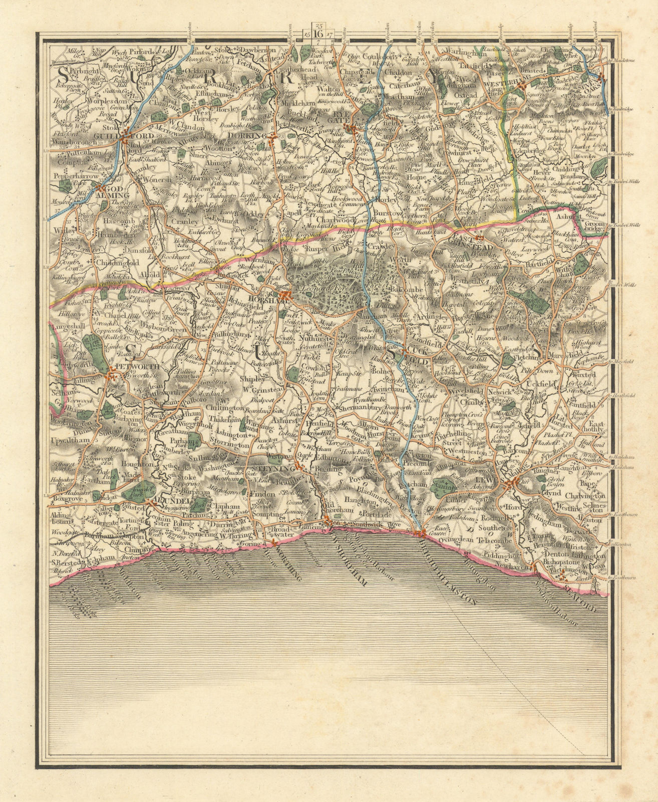 SURREY/SUSSEX.Sevenoaks Guildford east Grinstead Worthing Brighton.Cary 1824 map