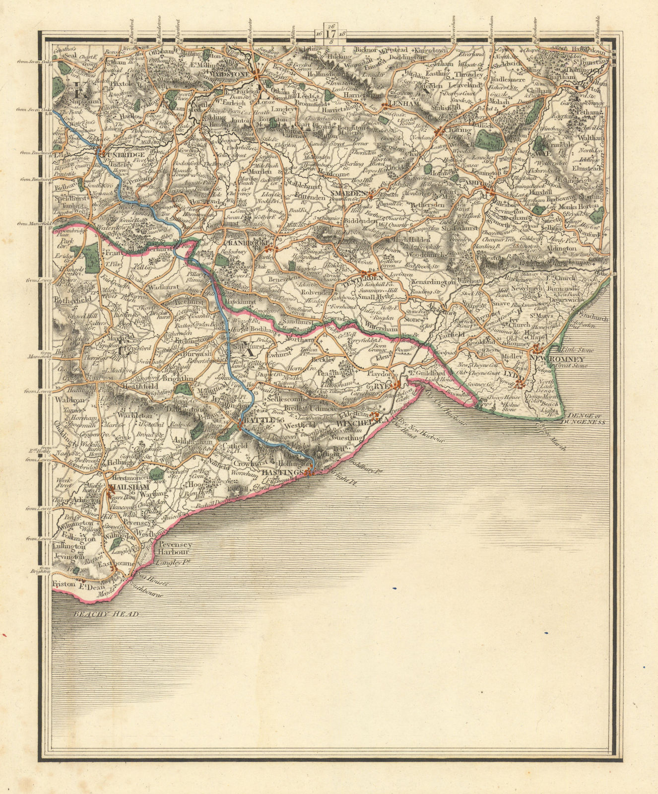 KENT/SUSSEX COAST.Maidstone Ashford Tunbridge Wells Rye Eastbourne.CARY 1824 map