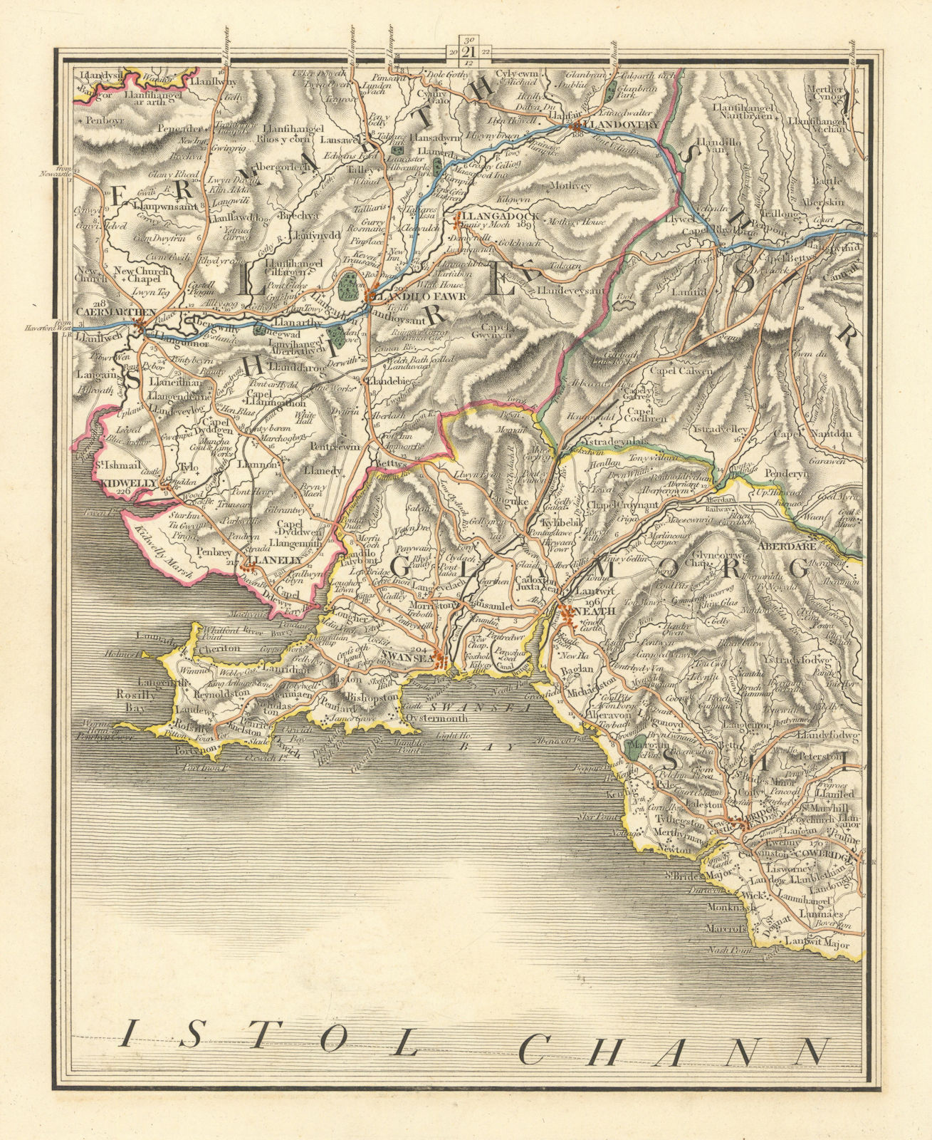 SOUTH WALES. Brecon Llandovery Neath Swansea Bridgend Llanelli. CARY 1824 map