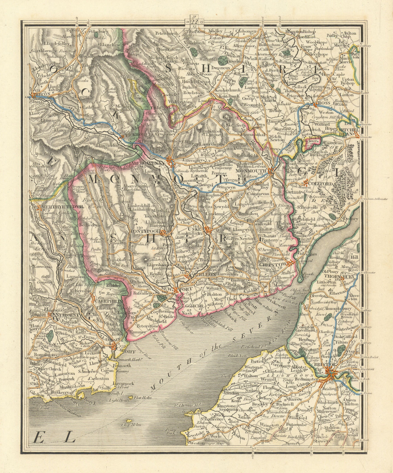 SEVERN ESTUARY. Bristol Newport Cardiff Monmouth Abergavenny. CARY 1824 map