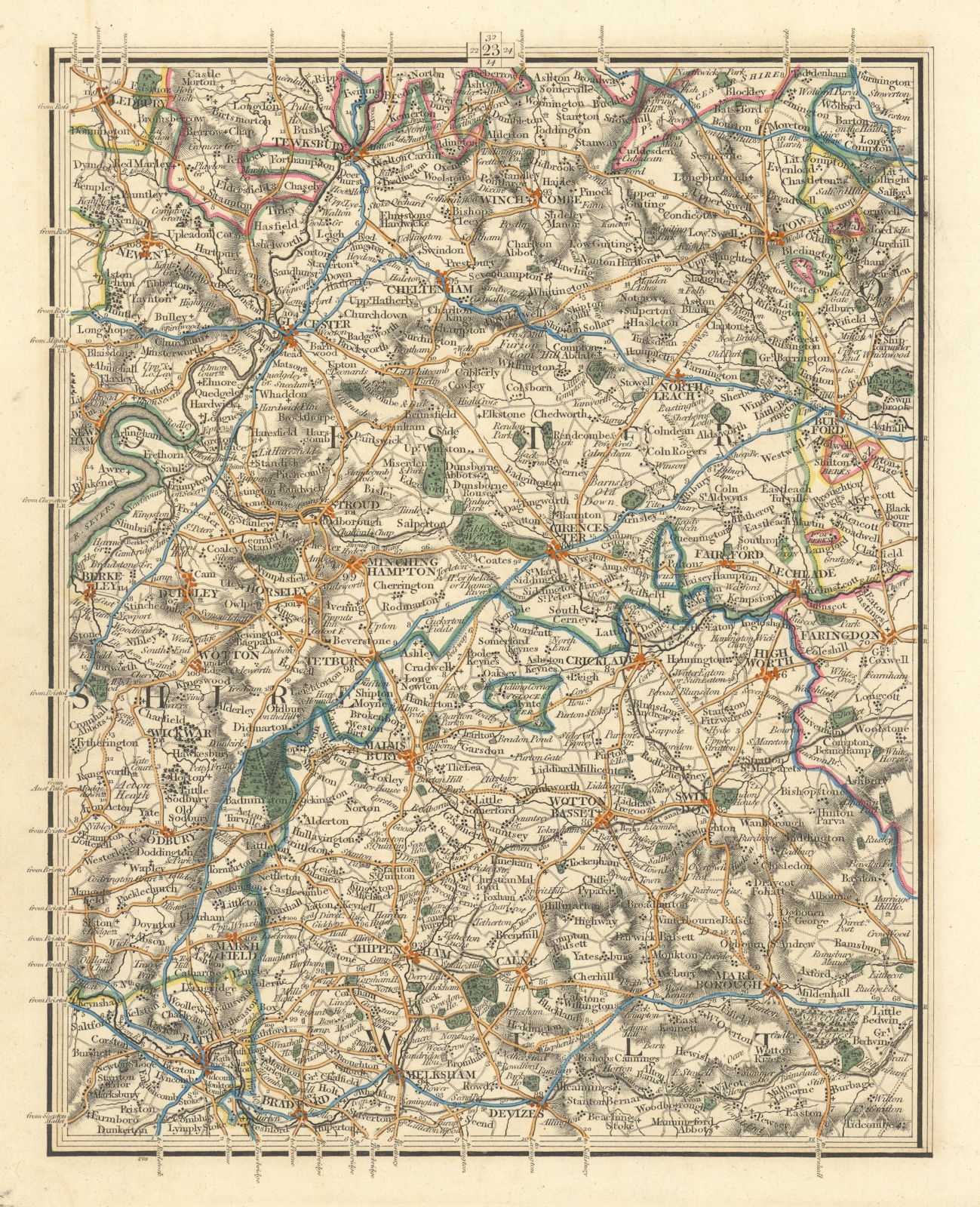 COTSWOLDS. Gloucester Cirencester Swindon Cheltenham Bath Stroud. CARY 1824 map