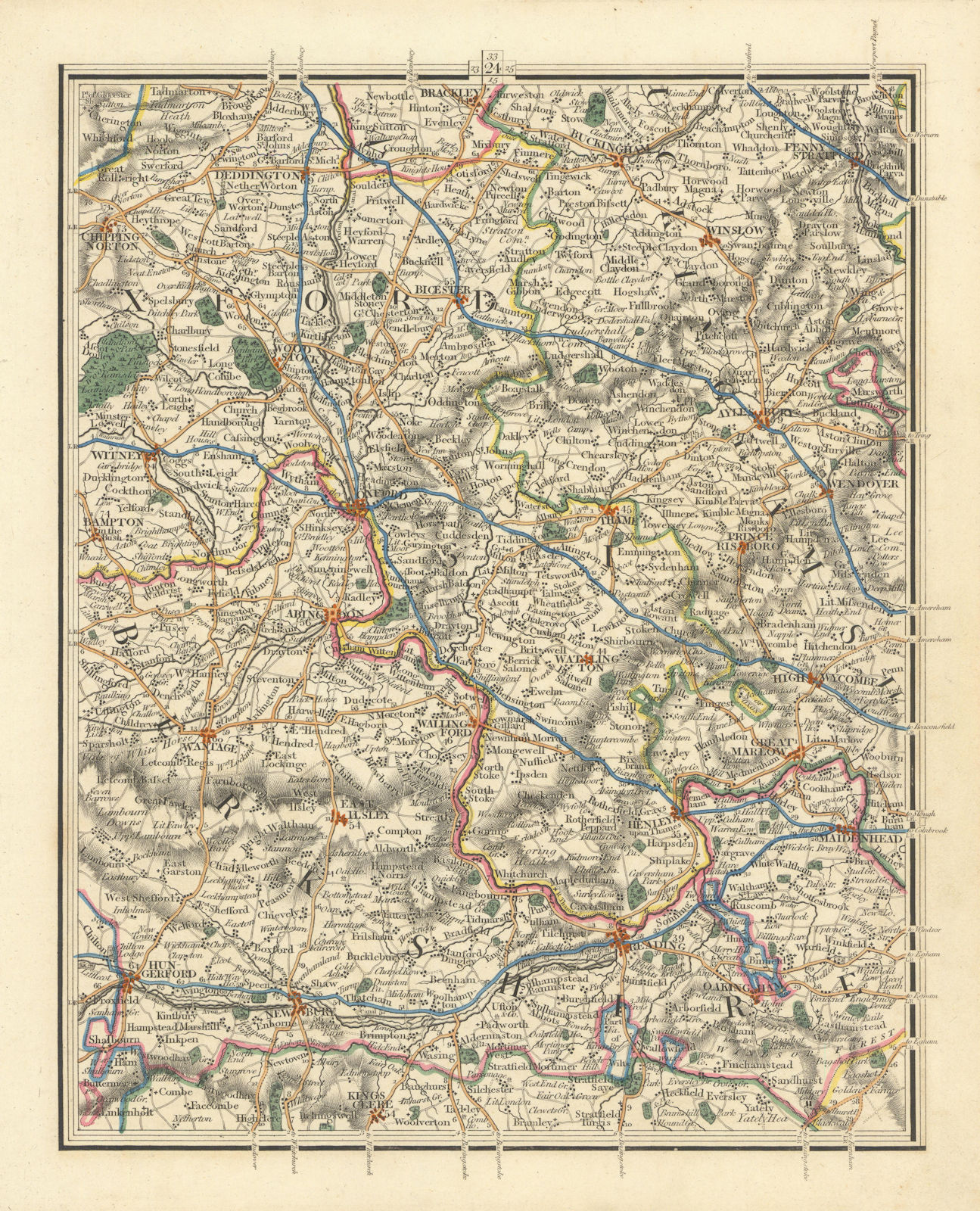 THAMES VALLEY & CHILTERNS.Oxford Reading Henley Marlow Maidenhead.CARY 1824 map