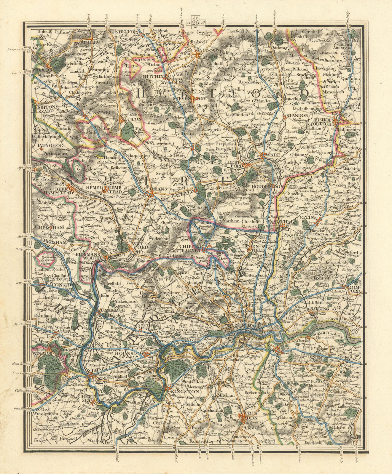 LONDON & HOME COUNTIES. Hertfordshire Middlesex Chilterns Luton. CARY 1824 map