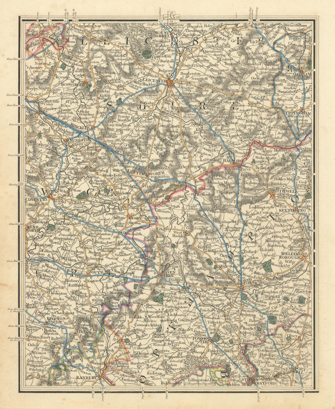 MIDLANDS. Leicester Coventry Northampton Leamington Spa Rugby. CARY 1824 map