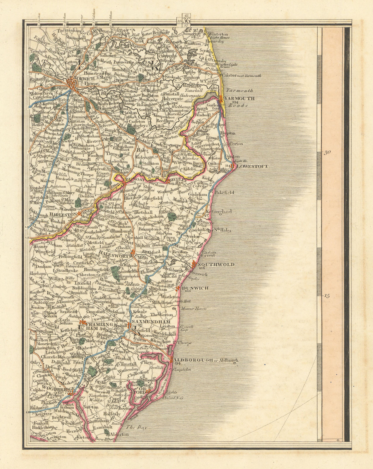 NORFOLK BROADS & SUFFOLK COAST. Norwich Great Yarmouth Lowestoft. CARY 1824 map