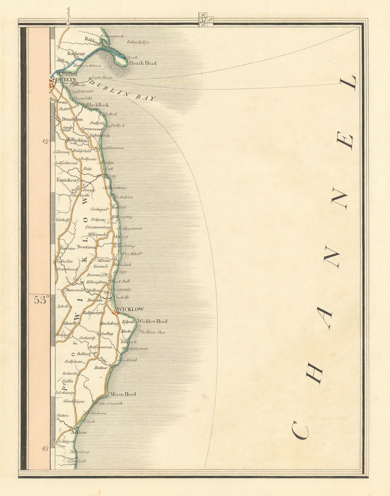 IRELAND EAST COAST. Wicklow, Dublin, Arklow, St George's Channel. CARY 1824 map