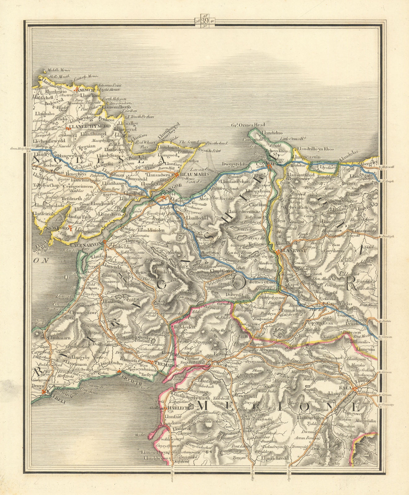 SNOWDONIA.Bangor Caenarfon Bala Conwy Abergele Beaumaris Anglesey.CARY 1824 map