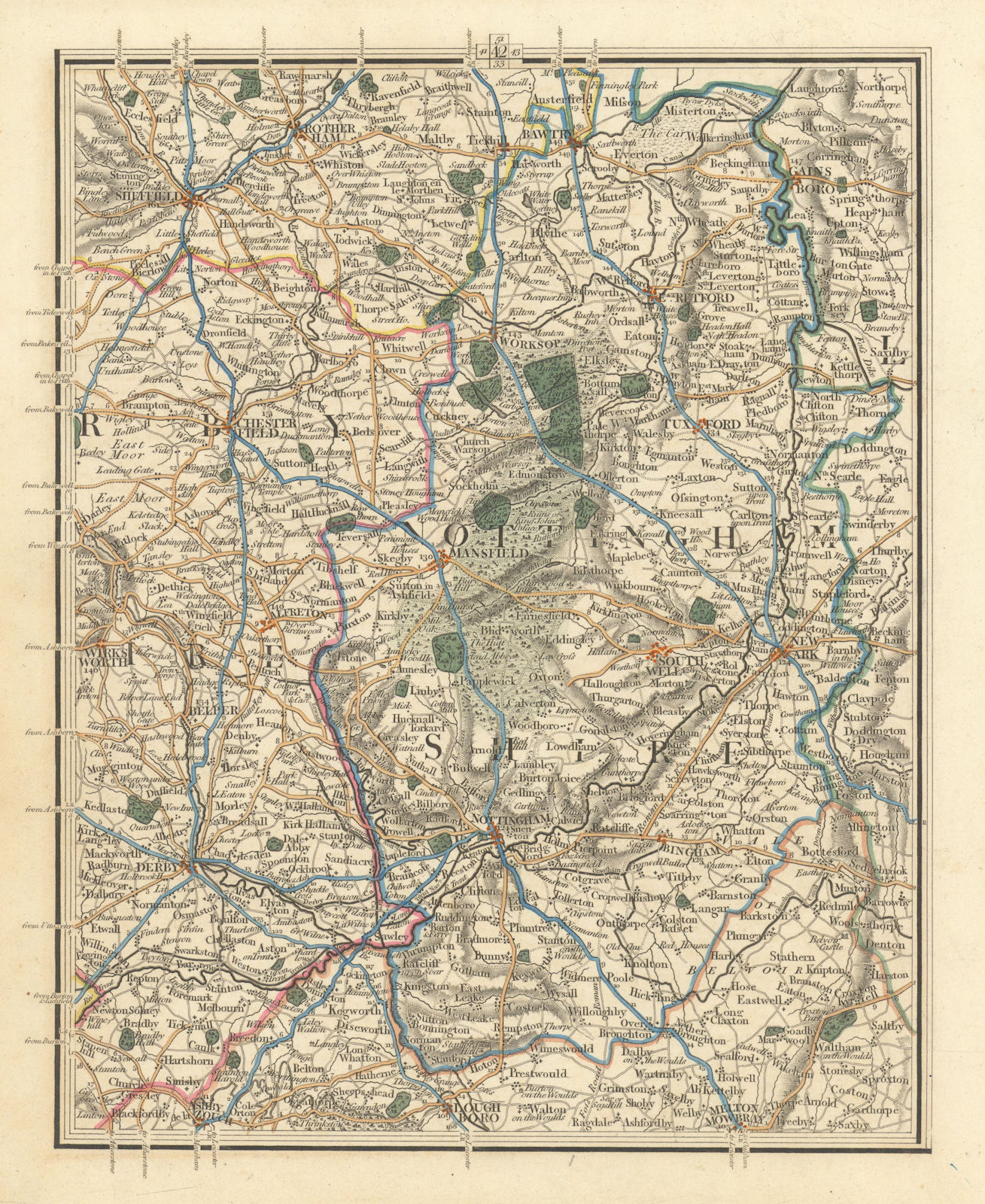 NOTTINGHAMSHIRE, E DERBYSHIRE S YORKS. Derby Nottingham Sheffield. CARY 1824 map