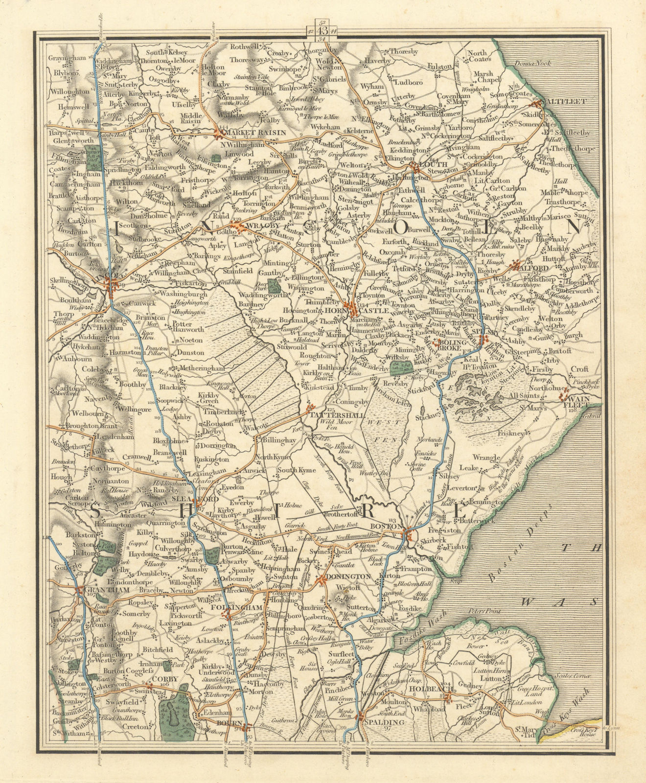 LINCOLNSHIRE.Fens Lincoln Grantham Boston Spalding Louth Sleaford.CARY 1824 map