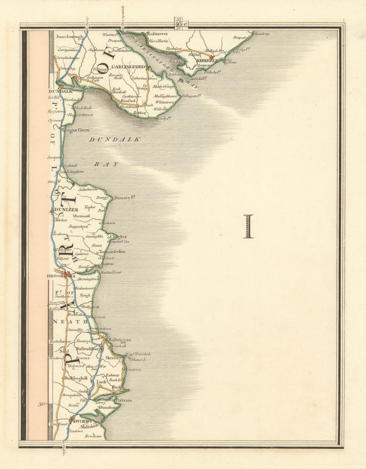 IRELAND EAST COAST. Newry, Carlingford, Drogheda. CARY 1824 old antique map