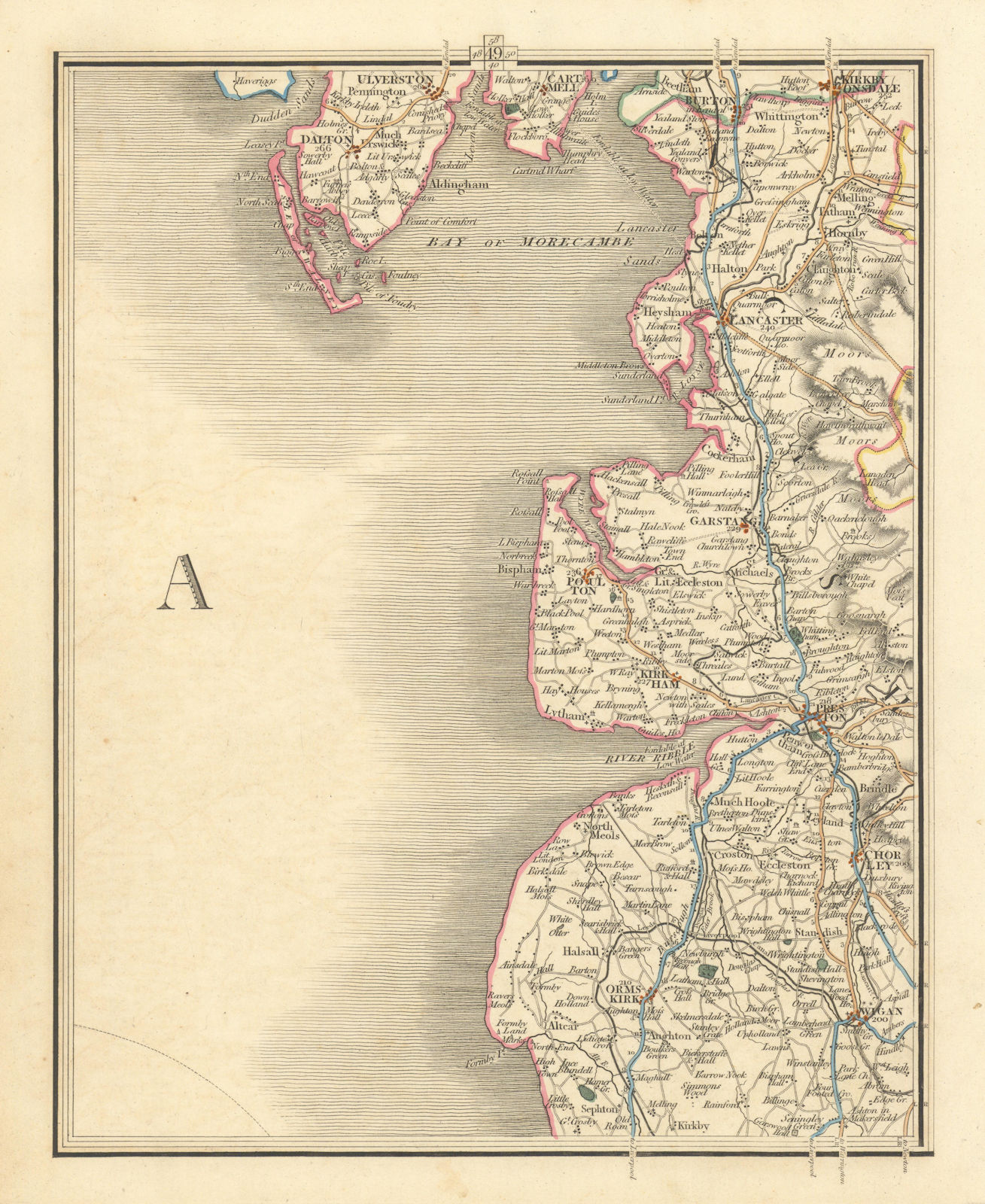 LANCASHIRE COAST. Lancaster Preston Lytham Blackpool Barrow Wigan. CARY 1824 map