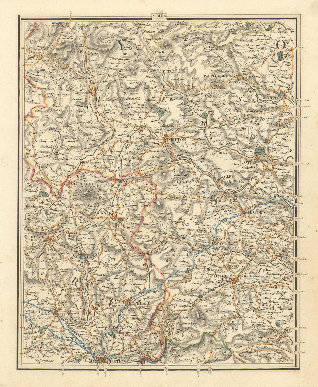 EAST LANCASHIRE/W YORKSHIRE.Manchester Bradford Blackburn Halifax.CARY 1824 map